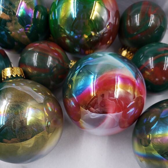 Vintage Glass Ball Christmas Ornament Lot of 11 Swirl Red Green Gold Iridescent - Picture 3 of 16